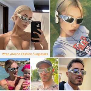 BAWUYI Fashion Y2K Wrap Around Sunglasses for Men Women 2000s Accessories Cool Cyber Glasses Sports Biker Shades Shield (Silver Frame-Mirror Silver Lens)