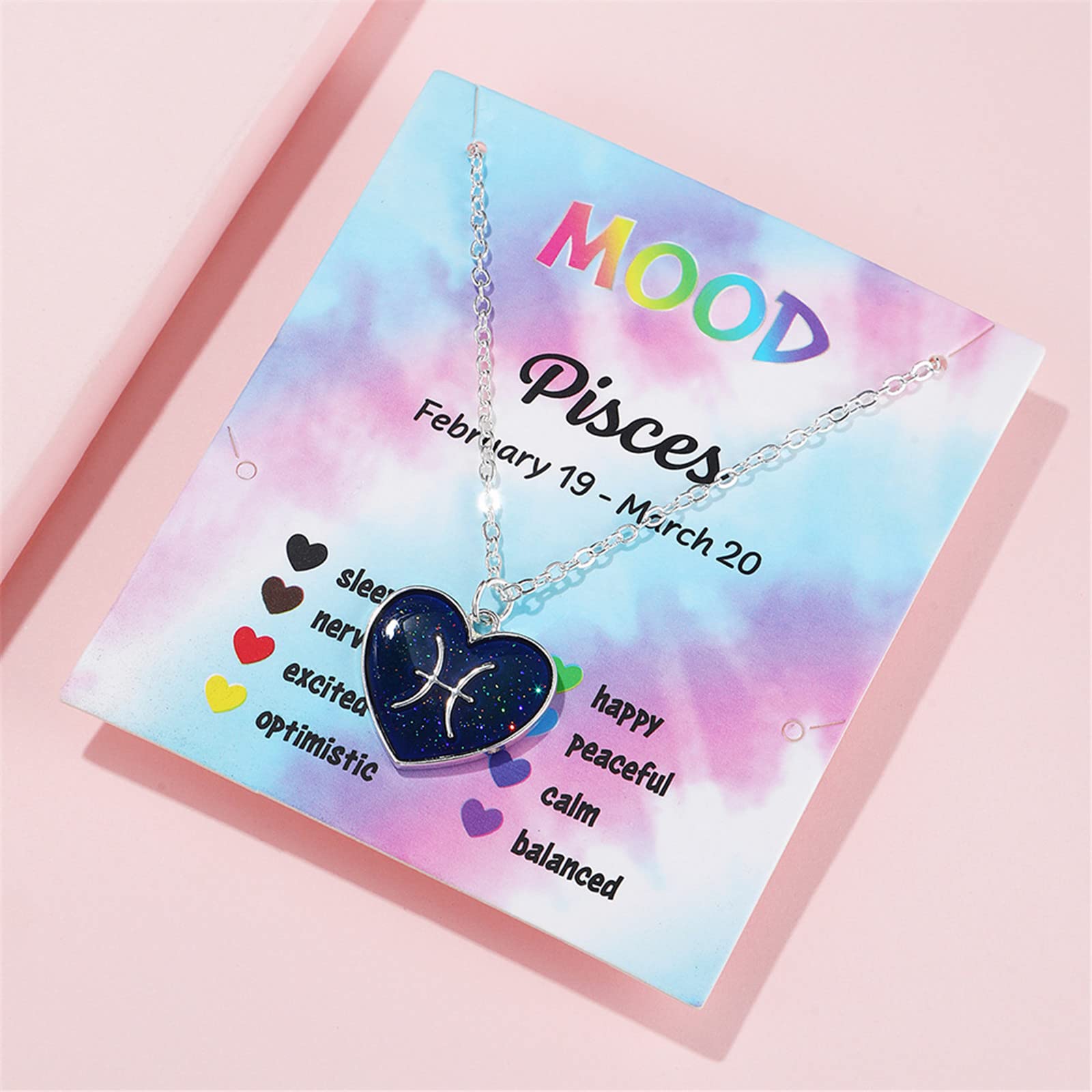 12 Constellation Sign Heart-shaped Pendant Necklace with Card Adjustable Chain Enamel Zodiac Thermochromic Necklace for Women Men Color Changing Mood Astrology Horoscope Jewelry-L Pisces