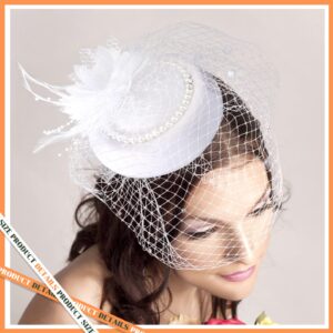 3 Pieces Fascinator Hat for Women Tea Party Derby Hat with Veil Feather Funeral Headpiece Lace Gloves Pearl Necklace (White)