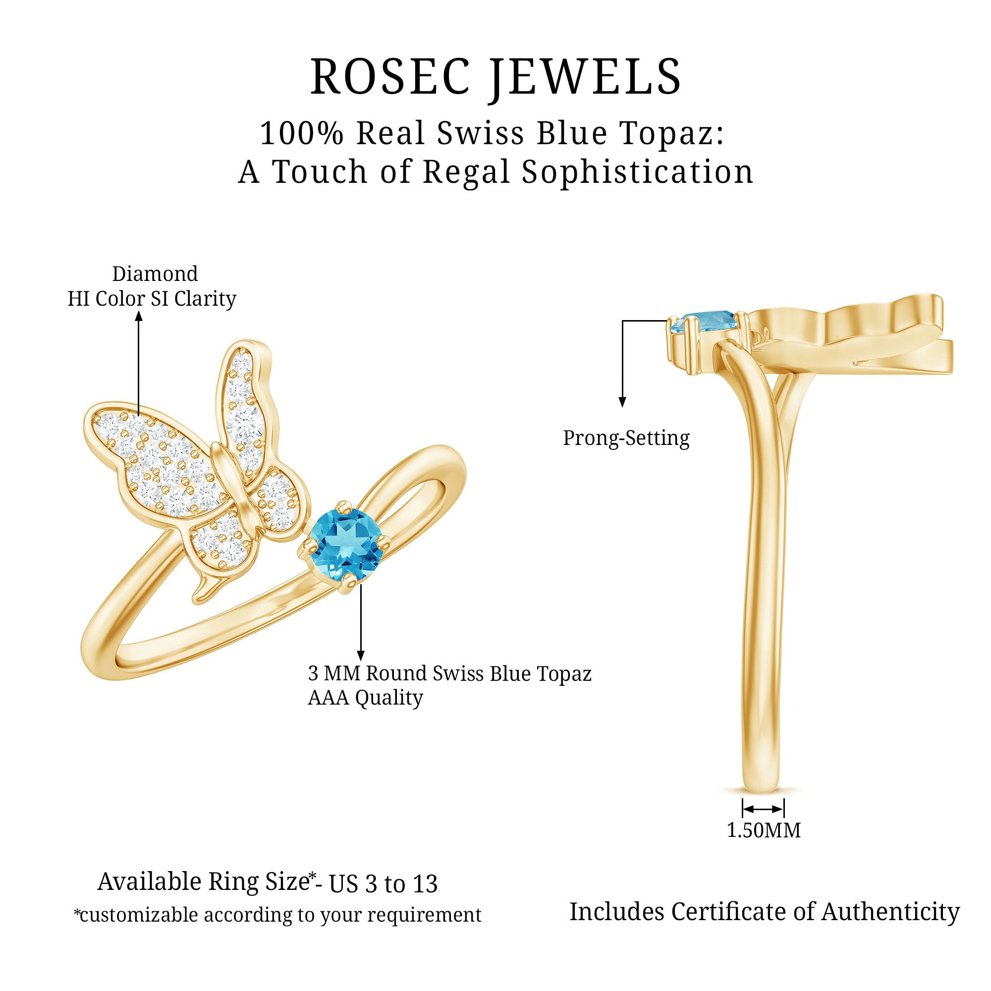 Rosec Jewels Natural Swiss Blue Topaz Diamond Promise Ring for Women, AAA Quality, Cute Butterfly Ring - Ready to Gift, 14K Yellow Gold, Size:US 3.00