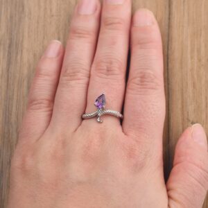 LUO S925 Sterling Silver Snake Ring Pear Shaped 7X5 MM Amethyst Ring Retro Animal Ring for Women US Size 4