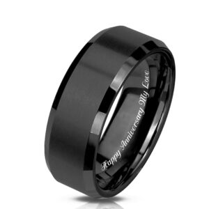 Personalized Black Brushed Men's Tungsten, Custom Engraved Ring, Black Wedding Band, Fiancé Engagement Ring, 8mm Men's Ring- Made in USA