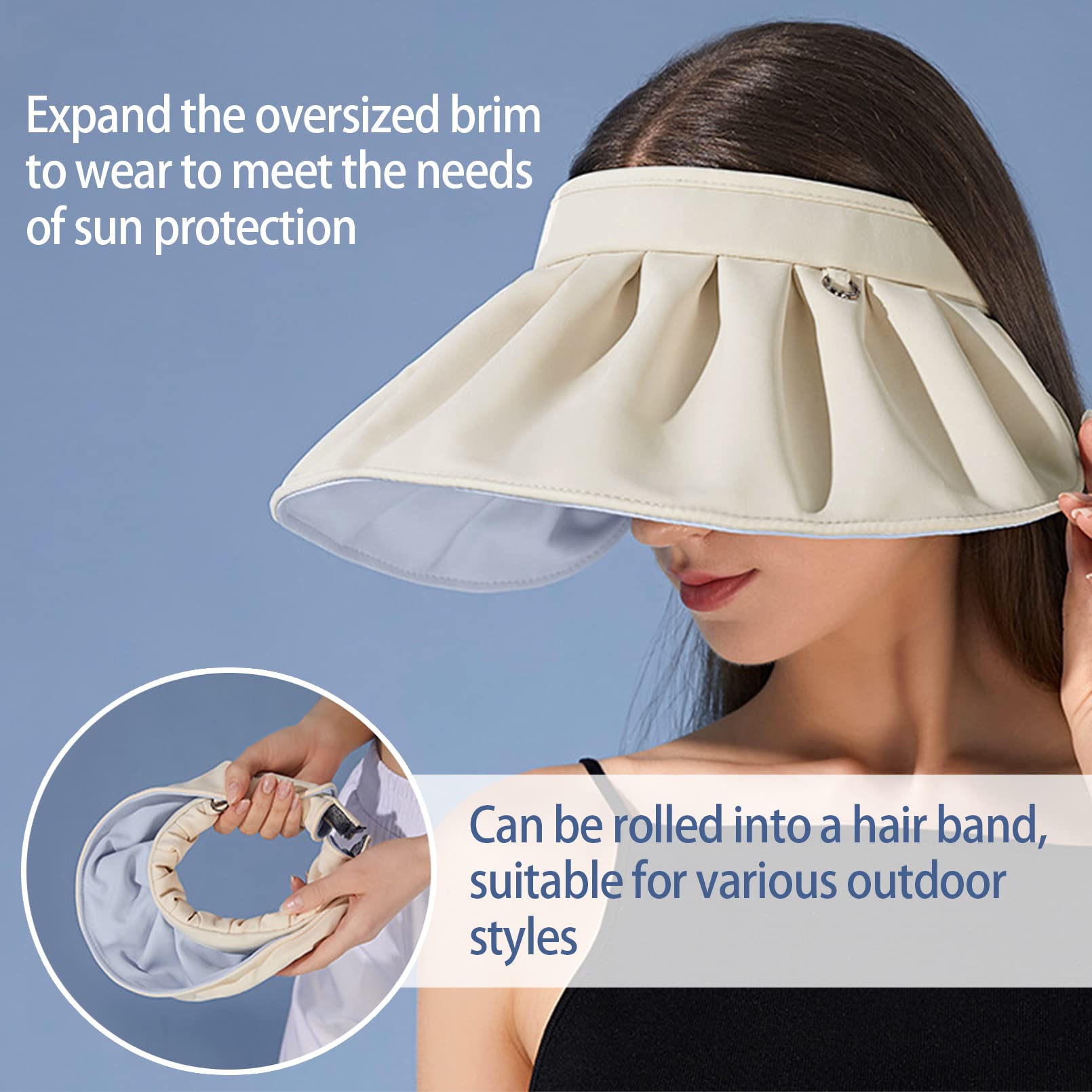 RainFlowwer Visors for Women, Clip On Foldable Wide Brim Womens Golf Cap,Cream White Roll-up Headband Blue Sun Hat with UV Protection