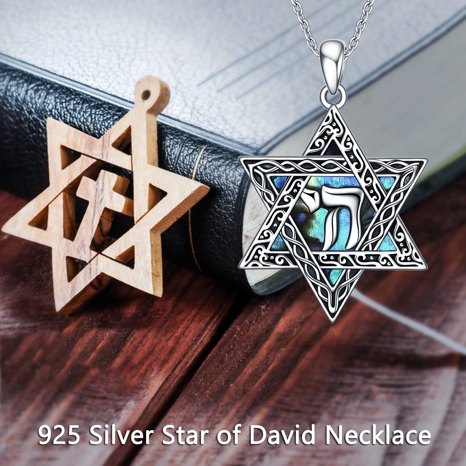 CRMAD Star of David Jewish Necklace for Women Men Sterling Silver Chai Abalone Shell Pendant Jewish Jewelry