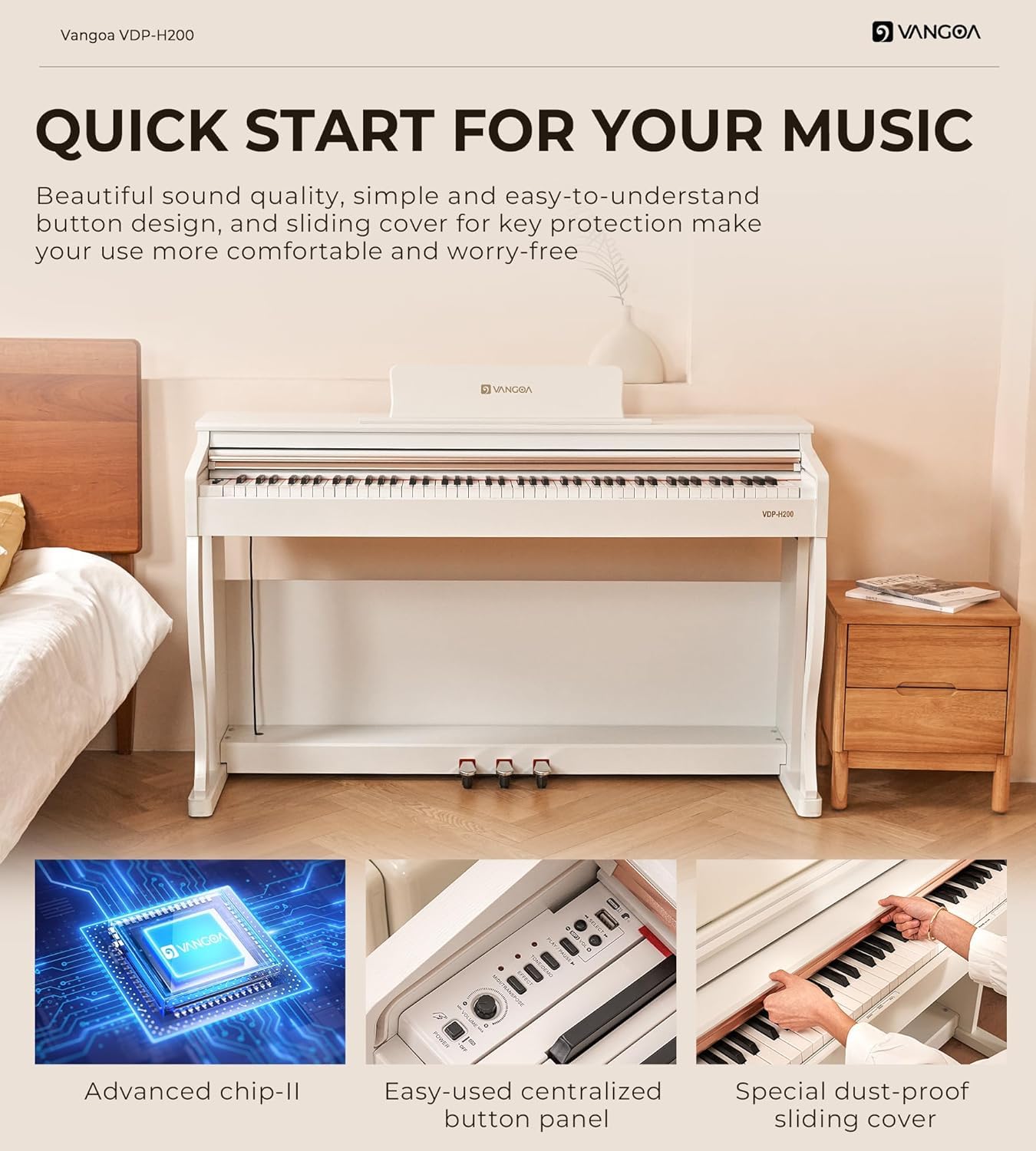 Vangoa Digital Piano 88 Keys Weighted Hammer Action White Home Digital Piano Bundle for Beginner Professional Adult with Wooden Stand, Slide Key Cover, Three Pedals, Power Adapter