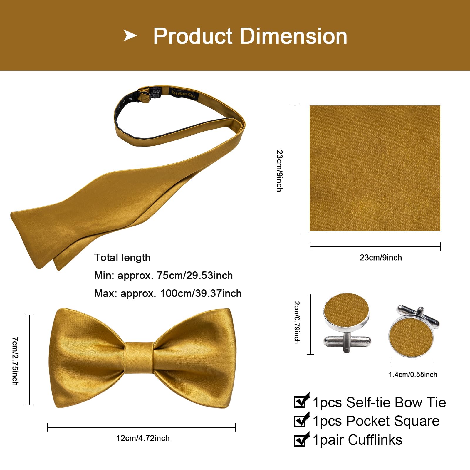 DiBanGu Gold Bow Ties for Men Self Tie Bow Tie and Pocket Square Set Adjustable Solid Satin Formal Tuxedo Bow Tie