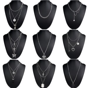 JOERICA 9 Pcs Chain Necklace Egirl Cool Goth Punk Layered Necklaces for Women Men Butterfly Heart Black Crystal Cross Pendant Choker Necklace Set Y2K Emo Jewelry