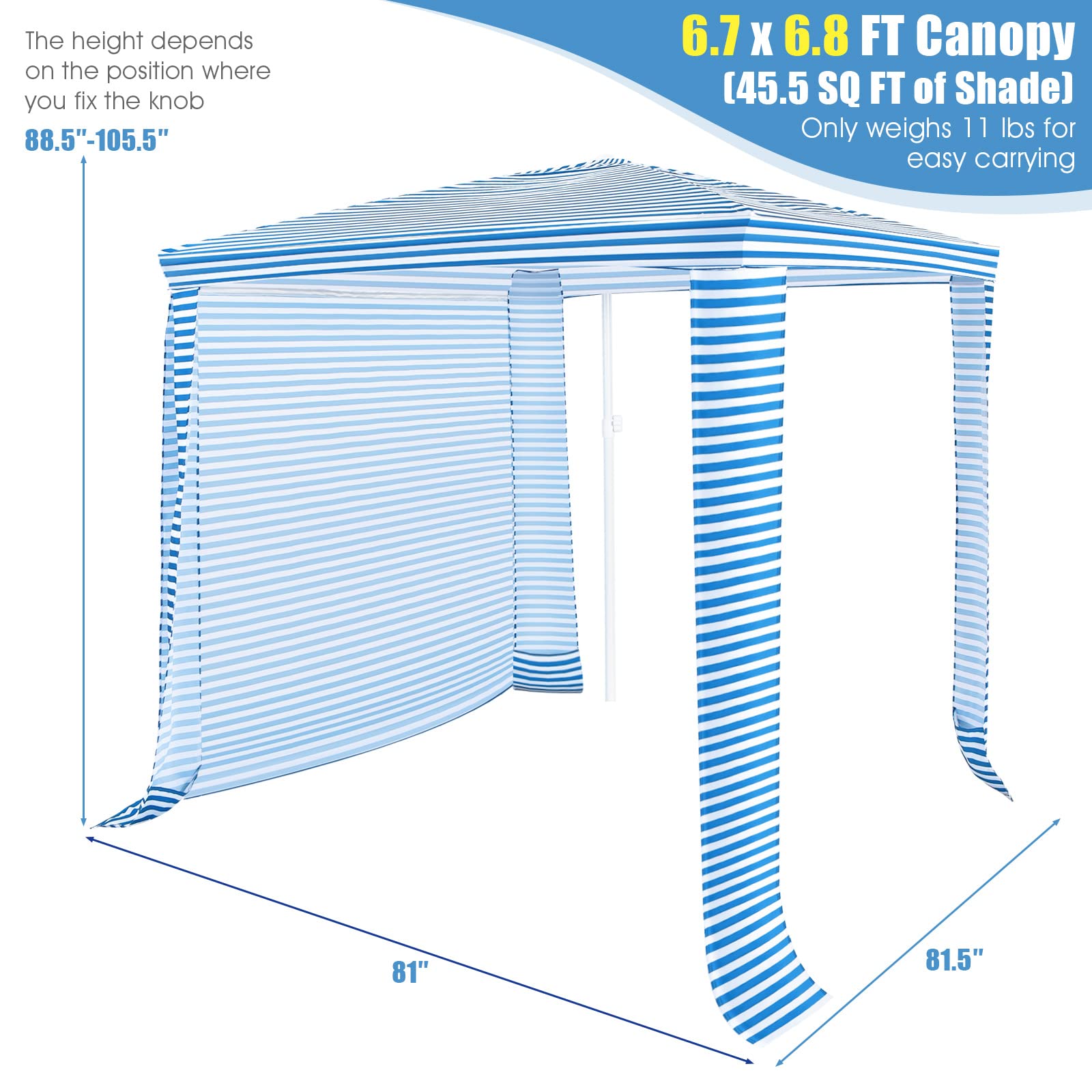 MIDDOW Beach Cabana, 6.7’ x 6.8’ Easy to Set up Beach Tent w/ Adjustable Height, Detachable Sidewall, Carry Bag, 4 Sandbags, NP10352BL Sun Shelter