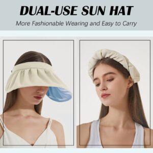 RainFlowwer Visors for Women, Clip On Foldable Wide Brim Womens Golf Cap,Cream White Roll-up Headband Blue Sun Hat with UV Protection