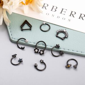 NICEIGHT 9PCS 16G Sugical Steel Horseshoe Septum Rings for Women Cartilage Hoop Helix Tragus Daith Piercing Bee Sunflower Body Jewelry B