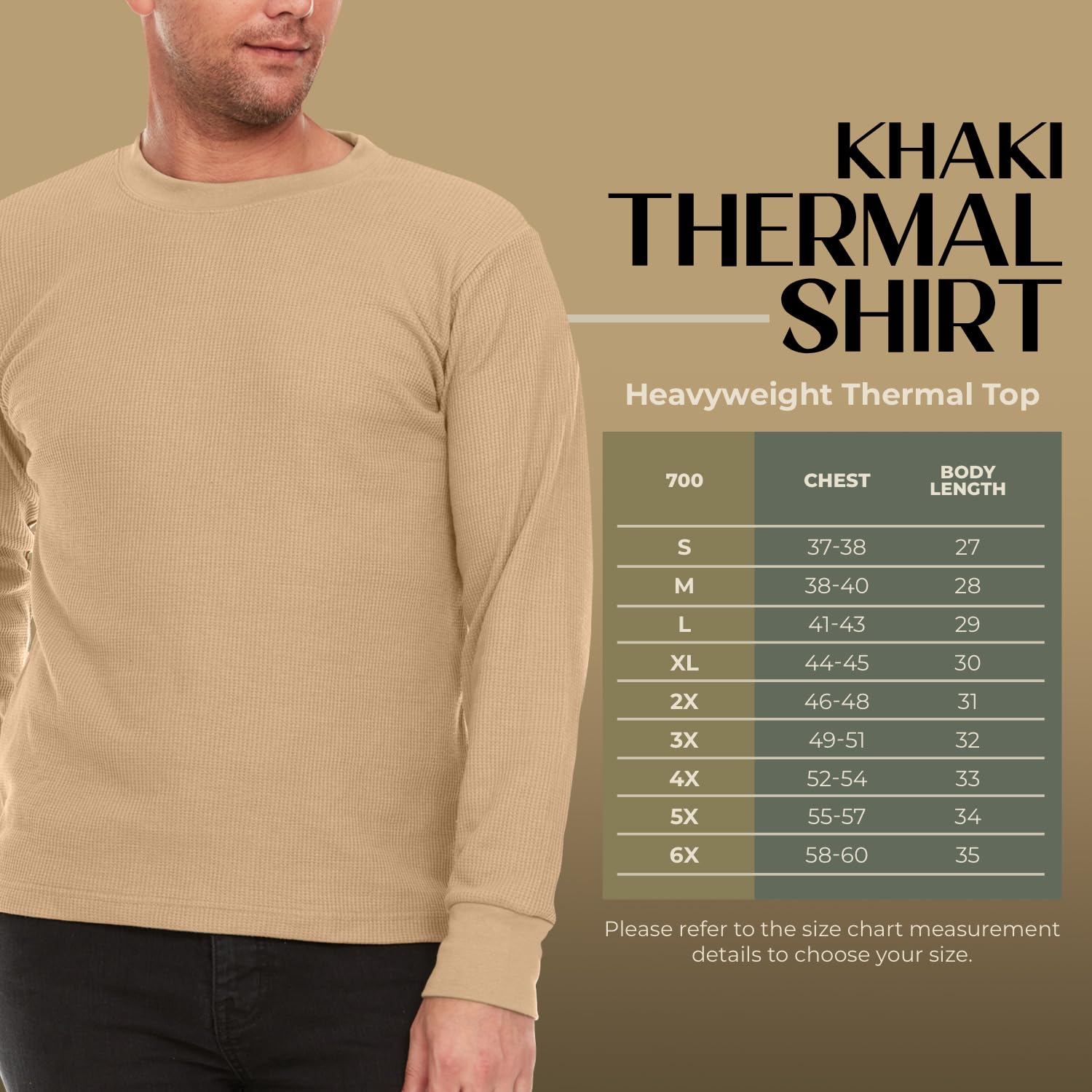 JMR Men's Thermal Shirt Heavy Weight Long Sleeve Waffle Crew Neck Top Underwear, Colors, Sizes (Khaki, 3X-Large)