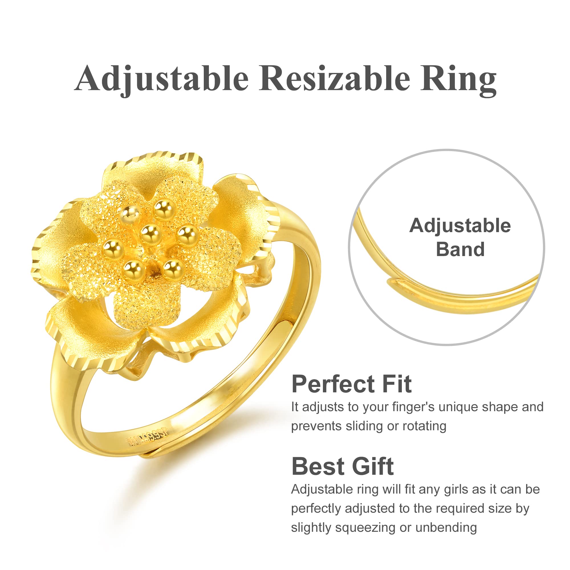 CHOW SANG SANG 999.9 24K Solid Gold Price-by-Weight 7.11g Gold Flower Ring for Women and Wedding Occasion 86577R | Size Adjustable