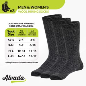 Alvada Mens Merino Wool Crew Socks Thermal and Warm Socks for Winter Work Hiking Running 3 Pairs SM