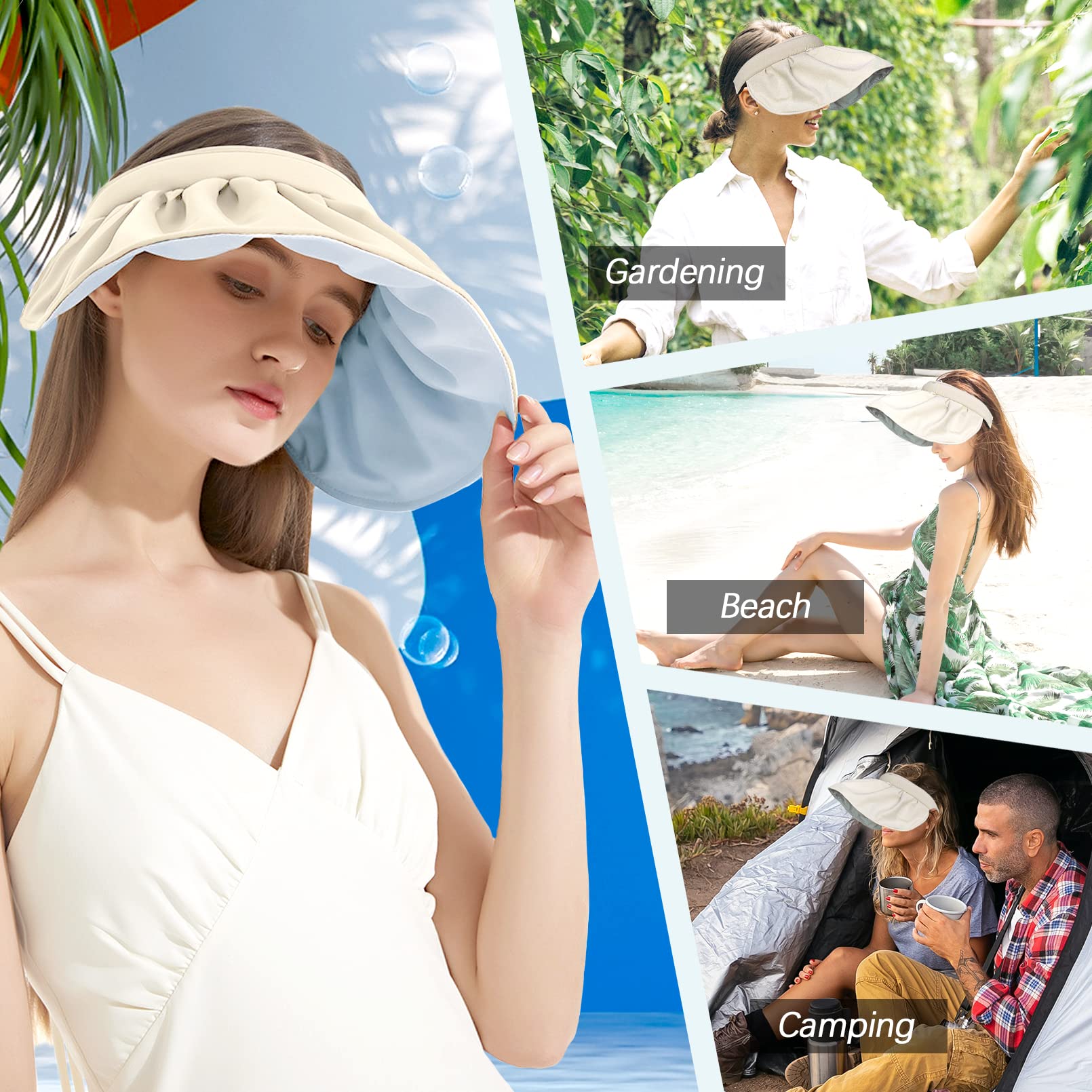 RainFlowwer Visors for Women, Clip On Foldable Wide Brim Womens Golf Cap,Cream White Roll-up Headband Blue Sun Hat with UV Protection