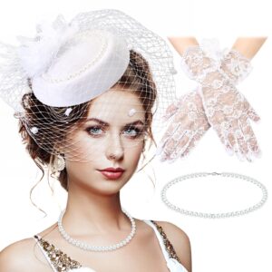 3 pieces fascinator hat for women tea party derby hat with veil feather funeral headpiece lace gloves pearl necklace (white)