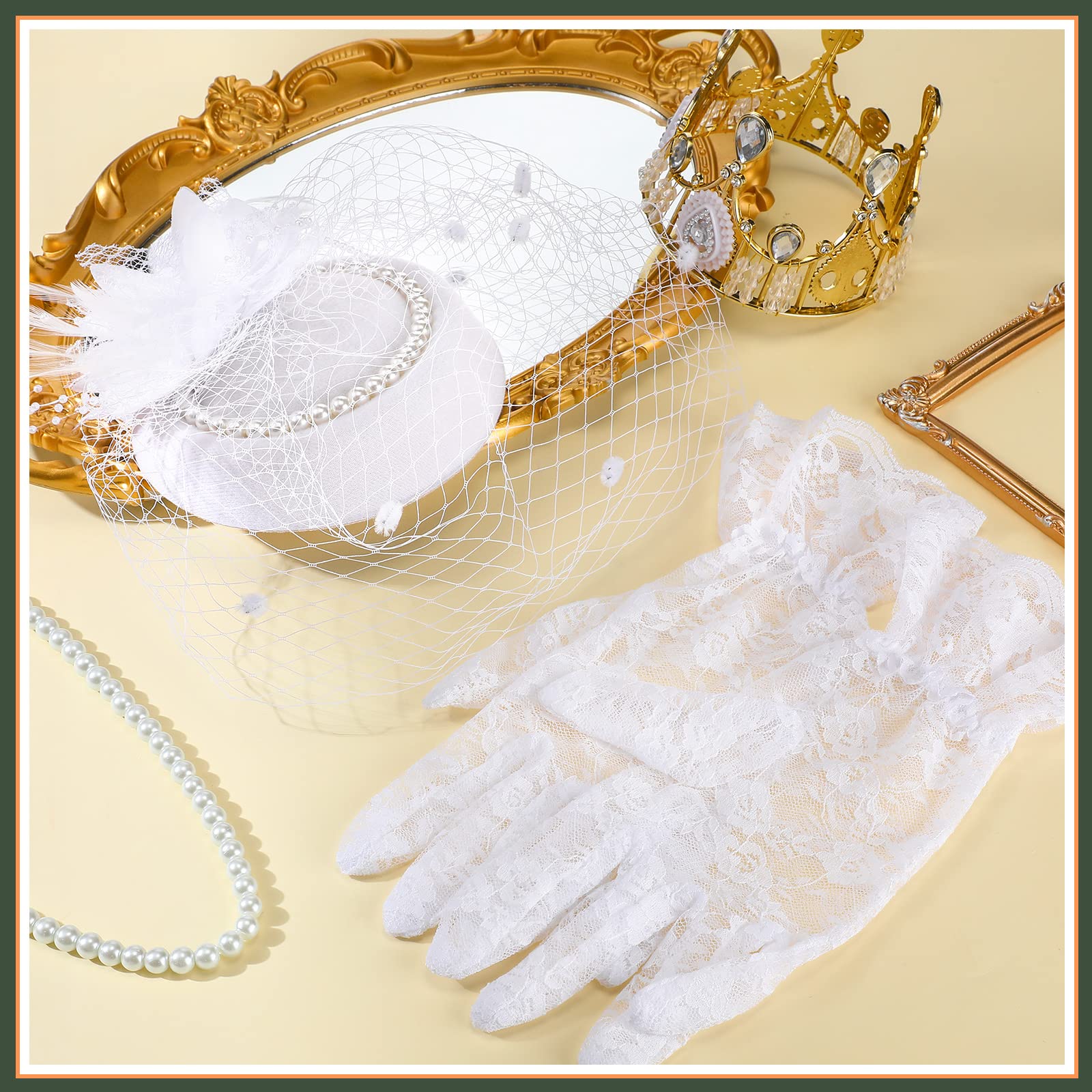 3 Pieces Fascinator Hat for Women Tea Party Derby Hat with Veil Feather Funeral Headpiece Lace Gloves Pearl Necklace (White)