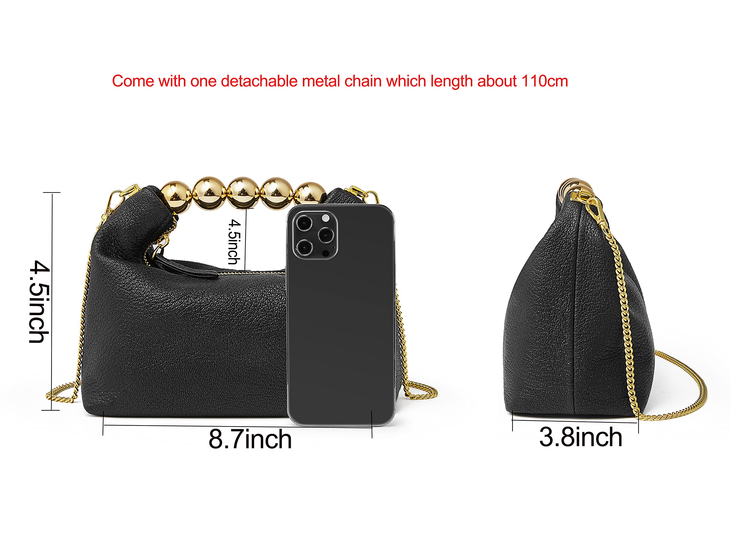 DORIS&JACKY Small Top Handle Clutch Bag Women Designer Goatskin Crossbody Purse With Pearl Handle And Detachable Metal Chain (Black)