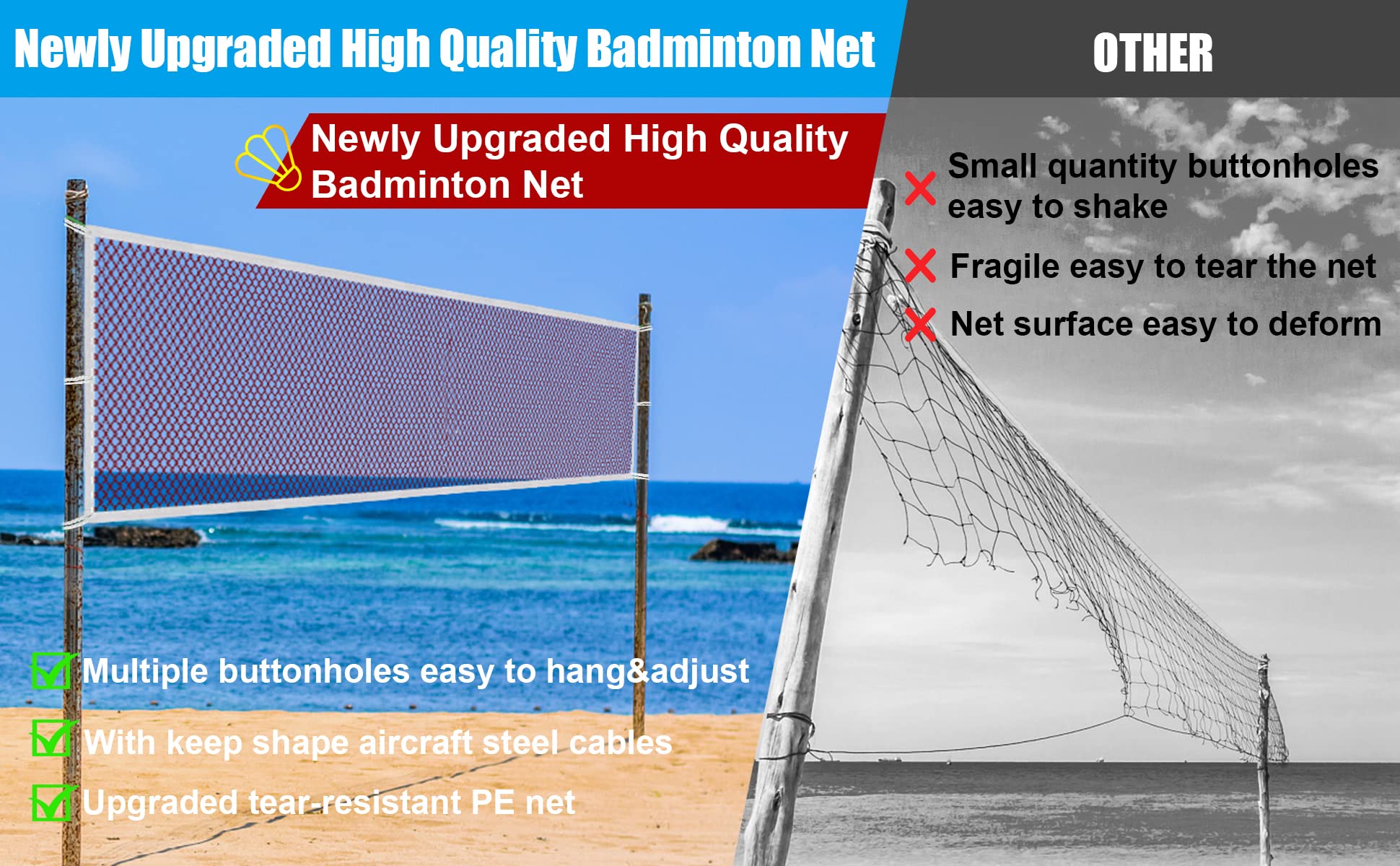 Badminton Net, Badminton Net for Backyard, Badminton Net Portable, Indoor Outdoor Badminton Volleyball Nets with Steel Cable, Professional Badminton Net Replacement for Beach, Schoolyard, 20FT x 2.5FT