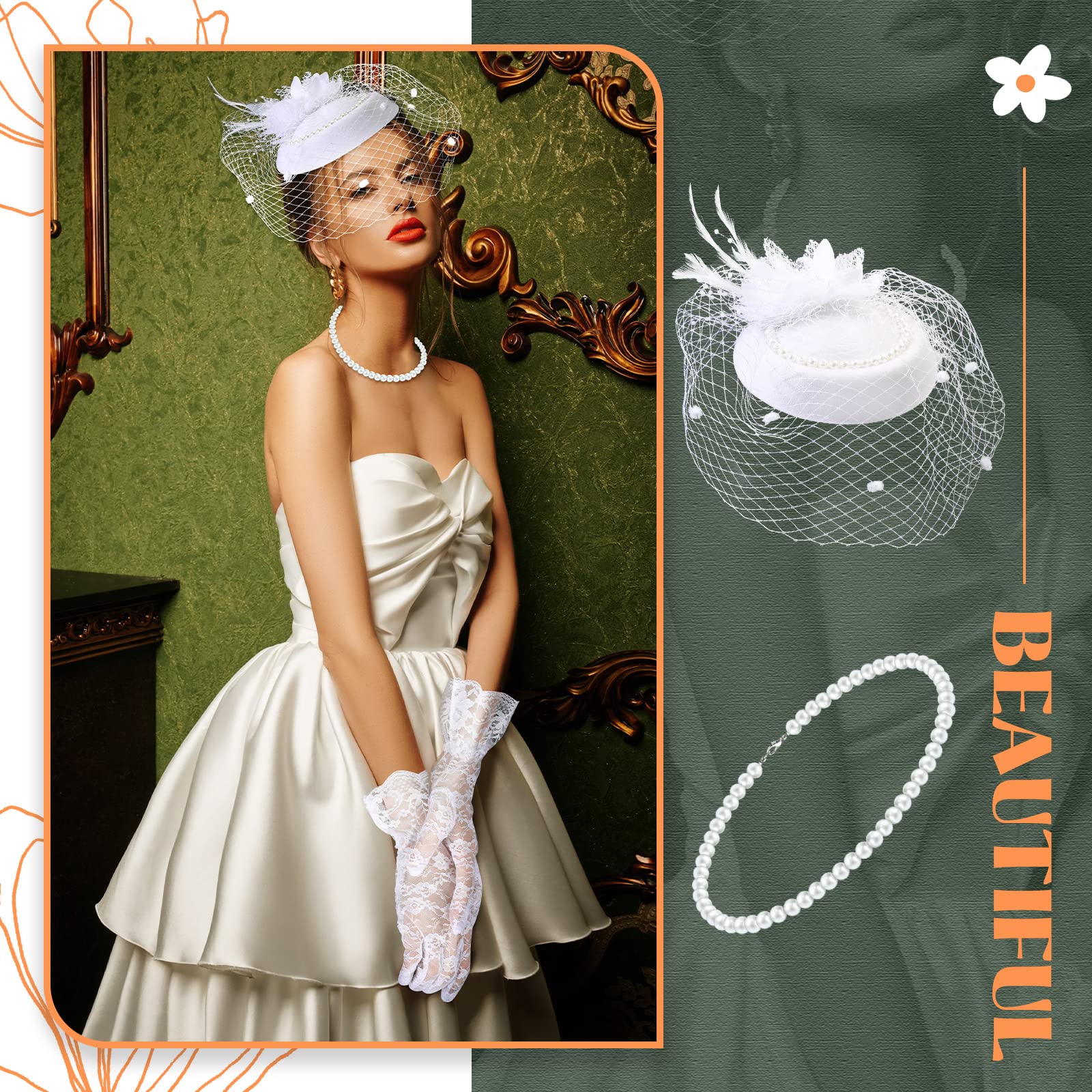 3 Pieces Fascinator Hat for Women Tea Party Derby Hat with Veil Feather Funeral Headpiece Lace Gloves Pearl Necklace (White)