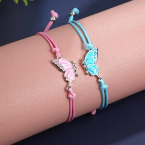 MJartoria BFF Bracelets for 2-Butterfly Matching Bracelets Adjustable Strand Best Friends Bracelet Handmade Charm Friendship Bracelets Jewelry Gifts for Women Couples (Blue+Pink-Silver)