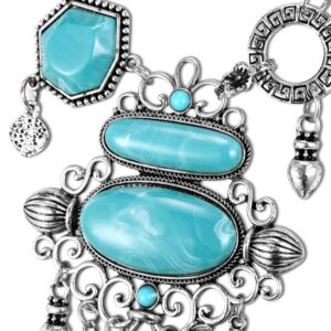 Flyonce Blue Turquoise Long Collar Necklace, Vintage Western Style Ethnic Necklace for Women Silver-Tone