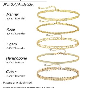 NECOCY Gold Ankle Bracelets for Women,14K Real Gold Plated Anklets Herringbone Figaro Flat Mariner Dainty Layered Anklet Set 3pcs Cute Summer Beach Chain Anklets for Women