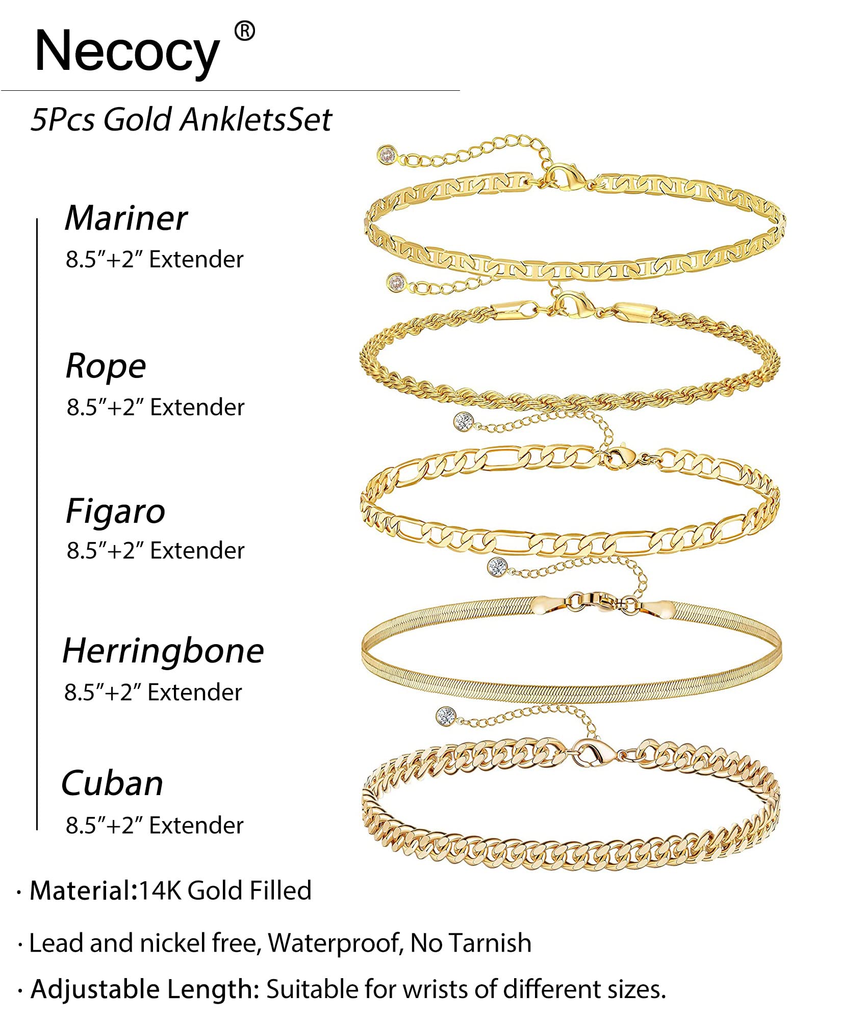 NECOCY Gold Ankle Bracelets for Women,14K Real Gold Plated Anklets Herringbone Figaro Flat Mariner Dainty Layered Anklet Set 3pcs Cute Summer Beach Chain Anklets for Women