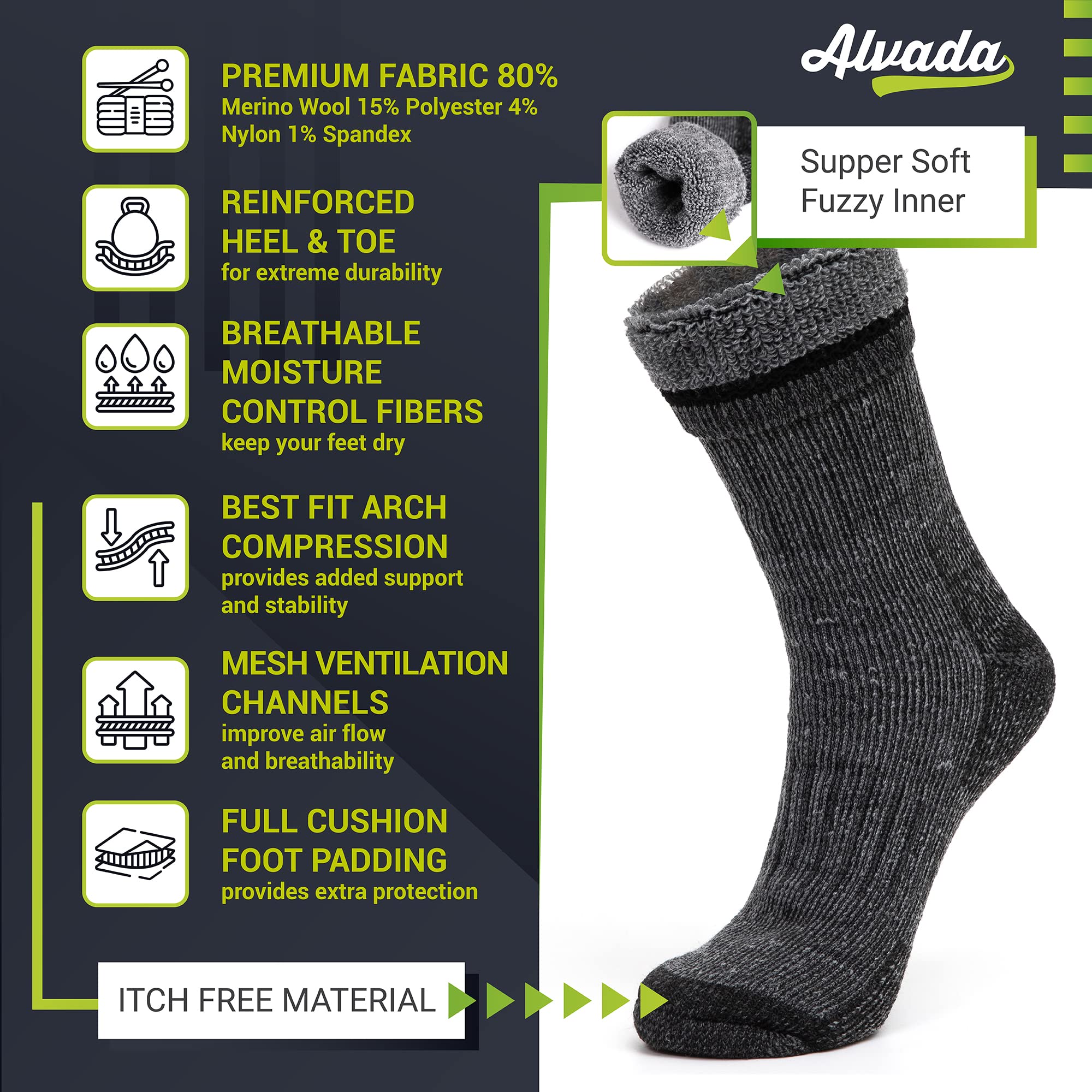 Alvada Mens Merino Wool Crew Socks Thermal and Warm Socks for Winter Work Hiking Running 3 Pairs SM