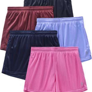 5-Pack Womens Athletic Shorts Mesh Basketball 5" Inseam Ladies Active Sports Set with Zipper Pockets (Set 2, Medium)