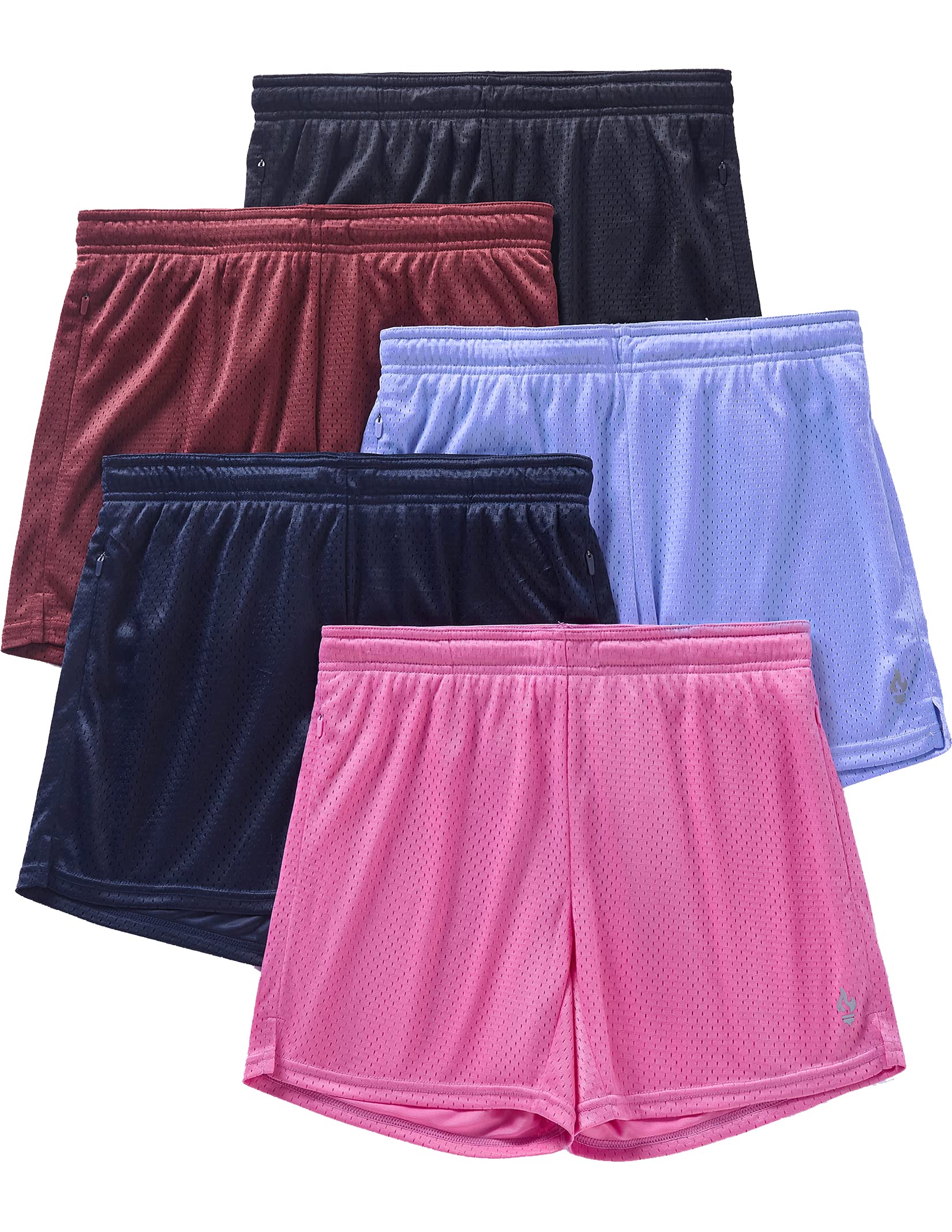 5-Pack Womens Athletic Shorts Mesh Basketball 5" Inseam Ladies Active Sports Set with Zipper Pockets (Set 2, Medium)