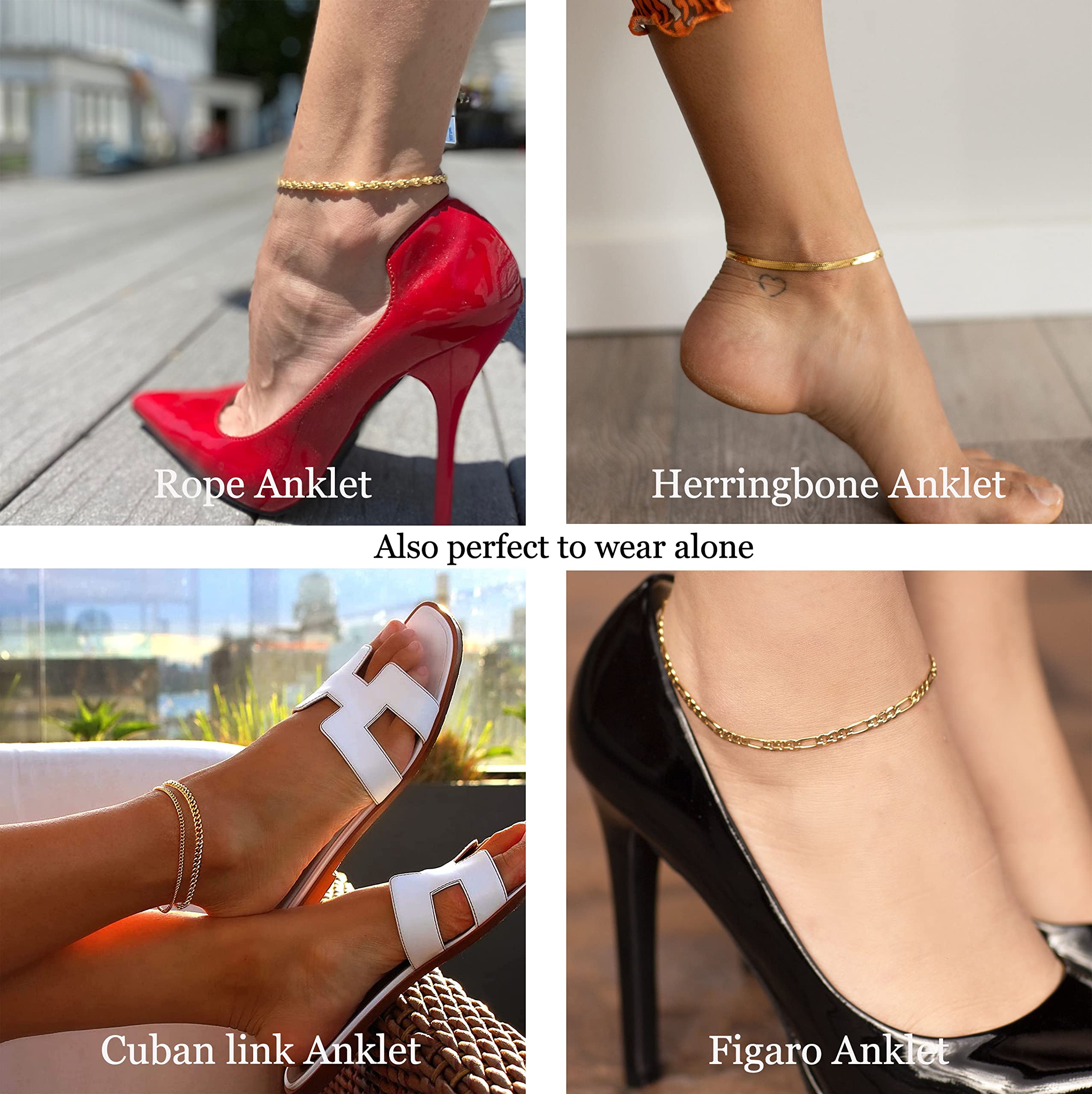 NECOCY Gold Ankle Bracelets for Women,14K Real Gold Plated Anklets Herringbone Figaro Flat Mariner Dainty Layered Anklet Set 3pcs Cute Summer Beach Chain Anklets for Women