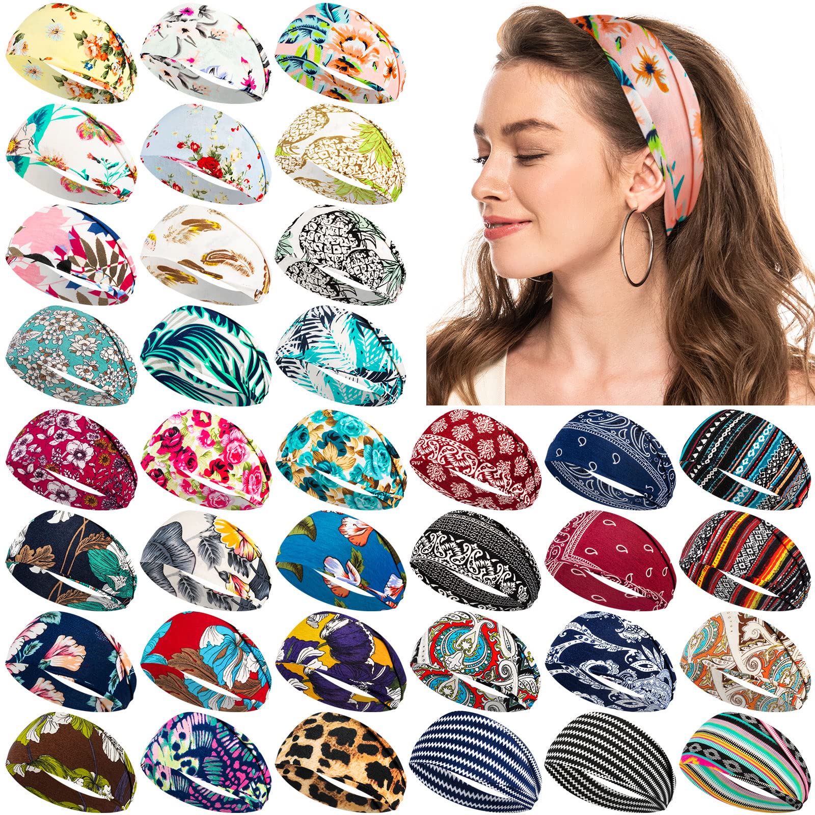 Yunsailing 36 Pcs Boho Headbands for Women - Non Slip Wide Headband for Yoga, Workout, Running - Hair Bands, Sweat Wraps, Accessories for Women & Girls