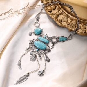 Flyonce Blue Turquoise Long Collar Necklace, Vintage Western Style Ethnic Necklace for Women Silver-Tone