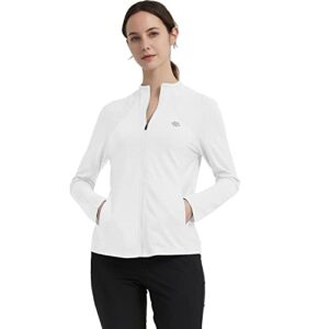 MoFiz Women's Full Zip Hiking Shirt Lightweight UPF 50+ Sun Protection Running Jacket Long Sleeve Sports Outdoor Top Pockets White XL