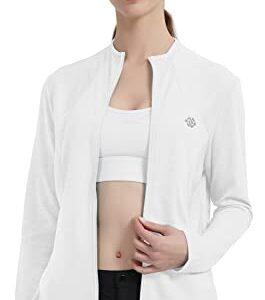 MoFiz Women's Full Zip Hiking Shirt Lightweight UPF 50+ Sun Protection Running Jacket Long Sleeve Sports Outdoor Top Pockets White XL