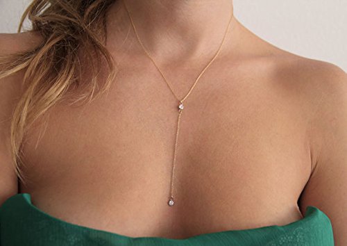 Handmade Lariat Necklace for Women, 18K Gold Plated Dainty Drop Y Chain Necklace Jewelry for Women Girl Gifts with Simulated Diamond，16" to 18" adjustable length (Gold)