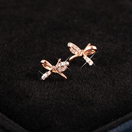 Solid 14K Rose Gold Bow Stud Earrings for Women Minimalist Delicate AAAAA CZ Small Studs Earrings Jewelry