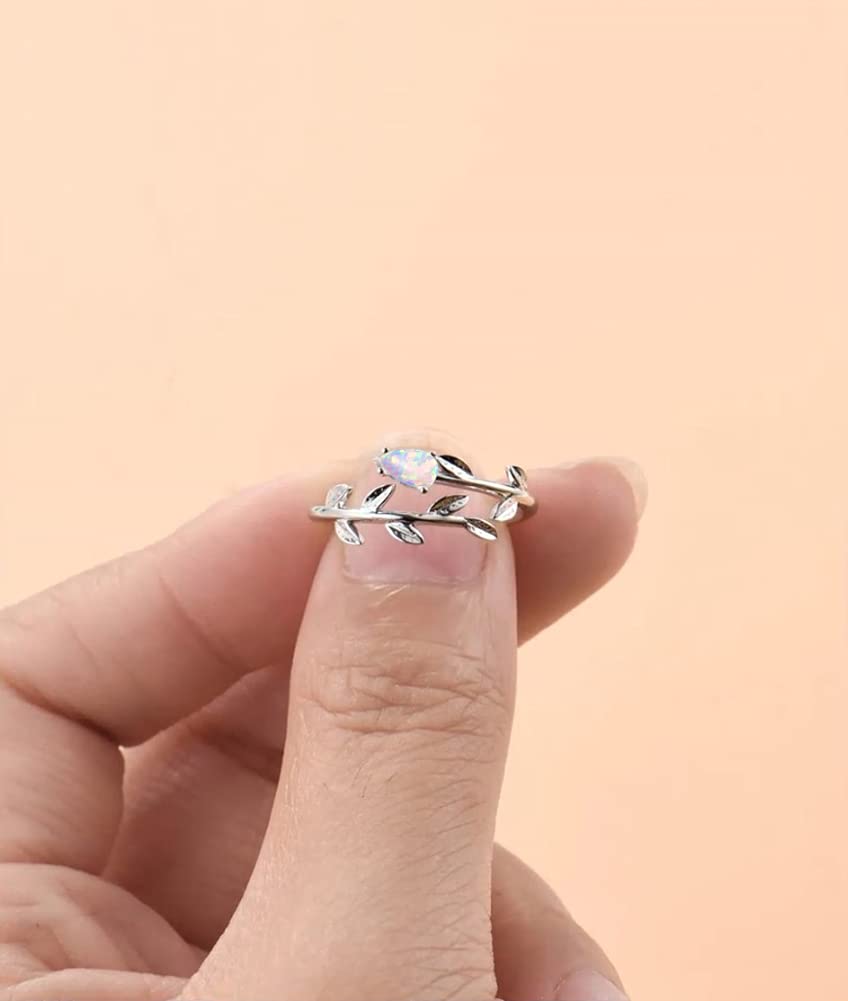 PRAYMOS White Opal Leaf Rings for Women Adjustable Thumb Rings Engagement Wedding Sterling Silver Rings Size 4 5 6 Christmas Gifts