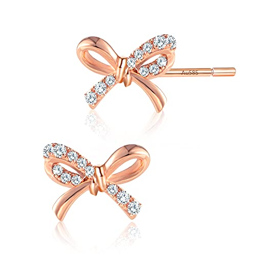 Solid 14K Rose Gold Bow Stud Earrings for Women Minimalist Delicate AAAAA CZ Small Studs Earrings Jewelry