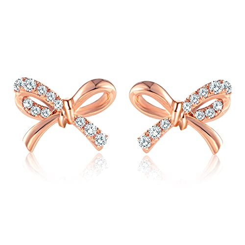 Solid 14K Rose Gold Bow Stud Earrings for Women Minimalist Delicate AAAAA CZ Small Studs Earrings Jewelry