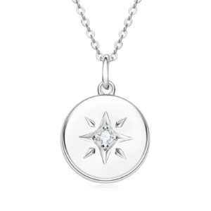 DYUNQ North Star Necklace Sterling Silver, Moissanite Lab Created Diamond Starburst Compass Disc Medallion Hypoallergenic Pendant for Women, 18 to 20 Inch, Graduation Jewelry Gifts