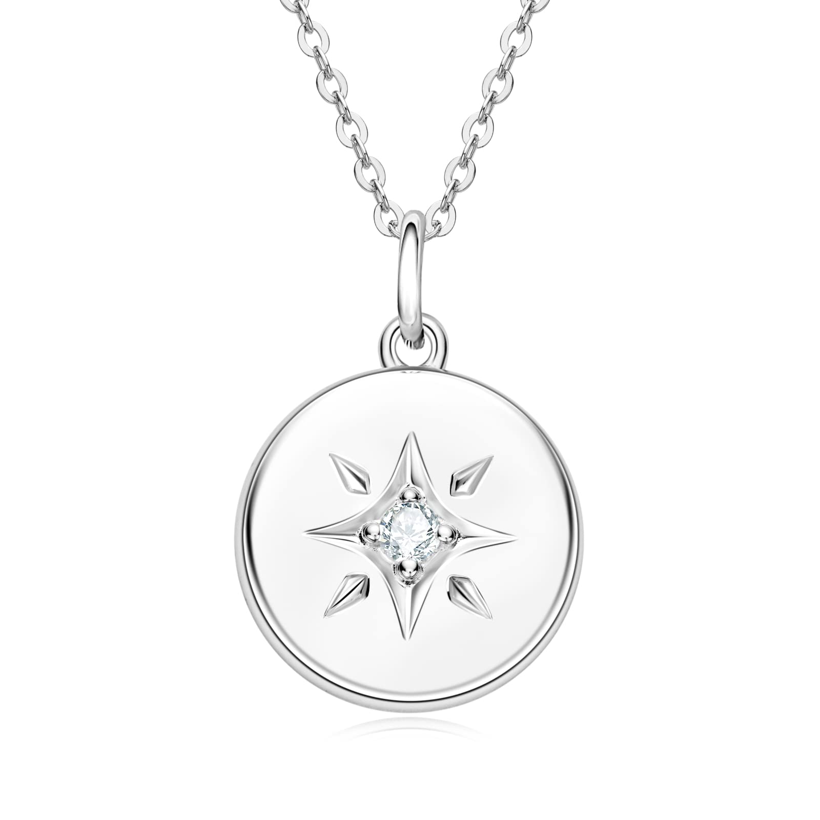 DYUNQ North Star Necklace Sterling Silver, Moissanite Lab Created Diamond Starburst Compass Disc Medallion Hypoallergenic Pendant for Women, 18 to 20 Inch, Graduation Jewelry Gifts