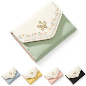 kuifang girls cute flowers print wallet, small tri-folded aesthetic wallet, pu leather purse cash pocket card holder id window purse for women(green)