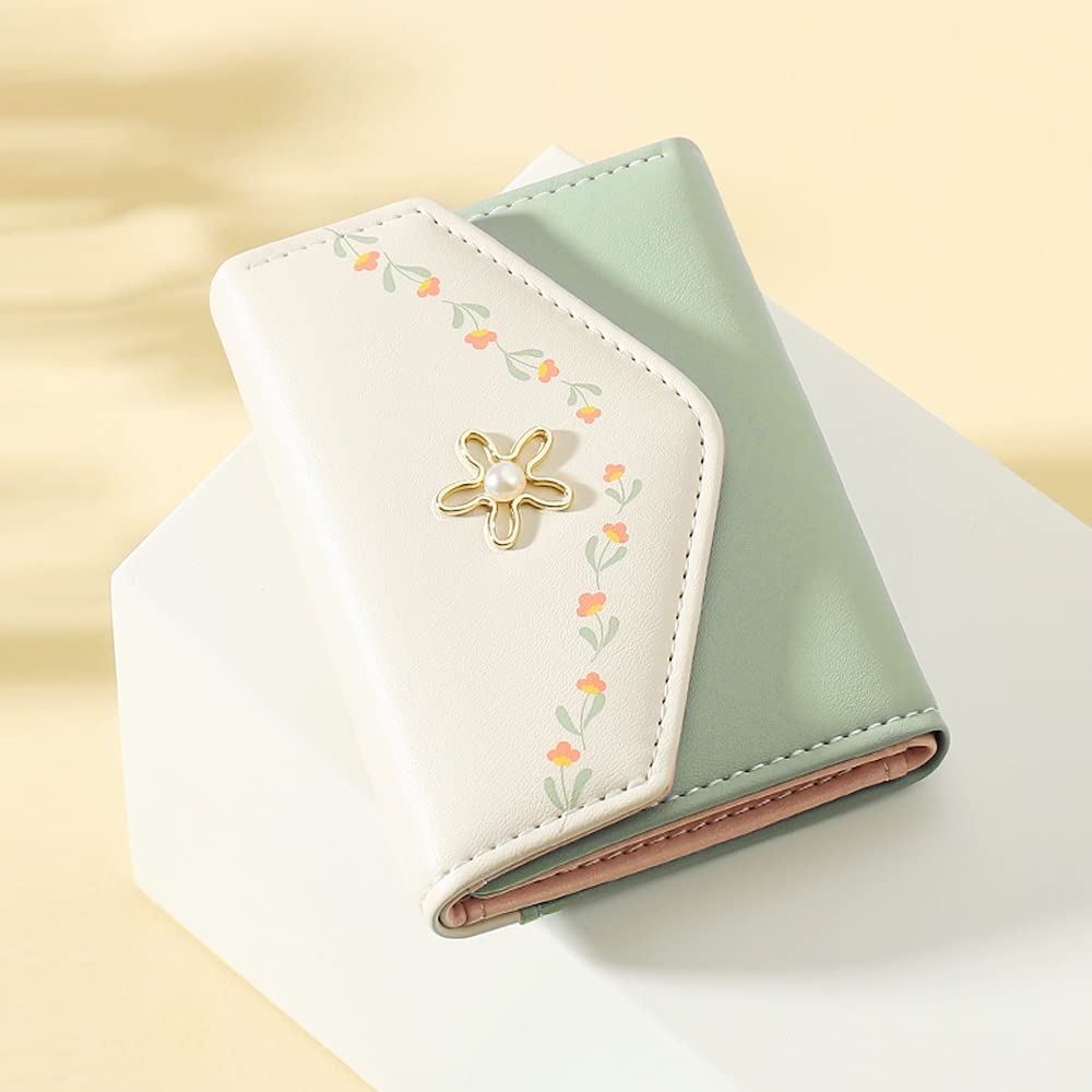 kuifang Girls Cute flowers Print Wallet, Small Tri-folded Aesthetic Wallet, PU Leather Purse Cash Pocket Card Holder ID Window Purse for Women(Green)