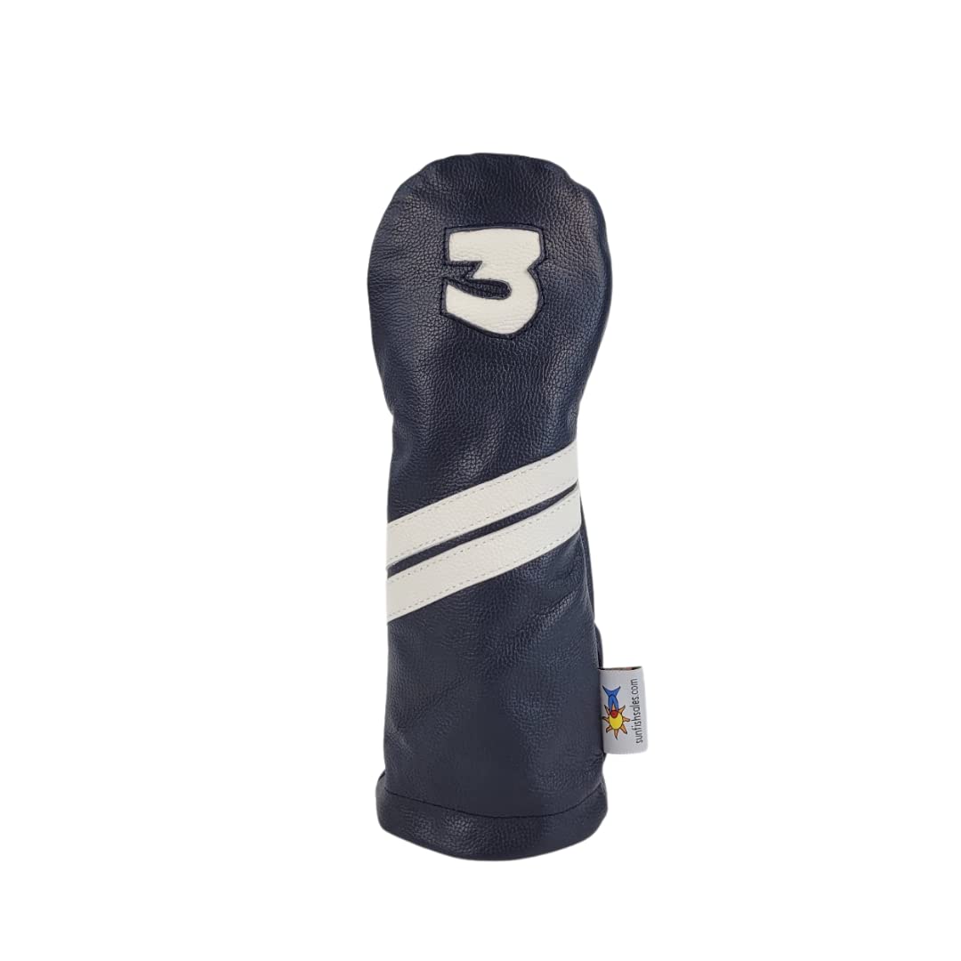 Sunfish Navy Blue and White Leather Golf Club Headcover Set 1-3-X Driver Fairway Hybrid