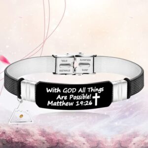 With God All Things Are Possible Cuff Wristband Bible Verse Bracelet Black, Triangle Mountain Mustard Seed Charm Y2154 (Black wrist-Black tag)