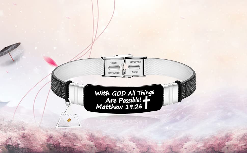 With God All Things Are Possible Cuff Wristband Bible Verse Bracelet Black, Triangle Mountain Mustard Seed Charm Y2154 (Black wrist-Black tag)