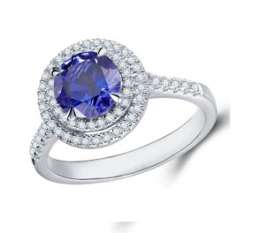 intershine 925 sterling silver 14k white gold finish prong set 0.75 cts round cut created blue sapphire gemstone halo ring for women size-7.5