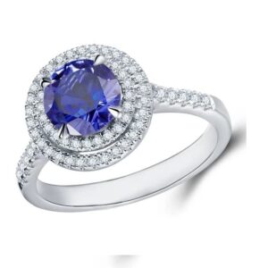 Intershine 925 Sterling Silver 14K White Gold Finish Prong Set 0.75 cts Round Cut Created blue Sapphire Gemstone Halo Ring for Women size-7.5