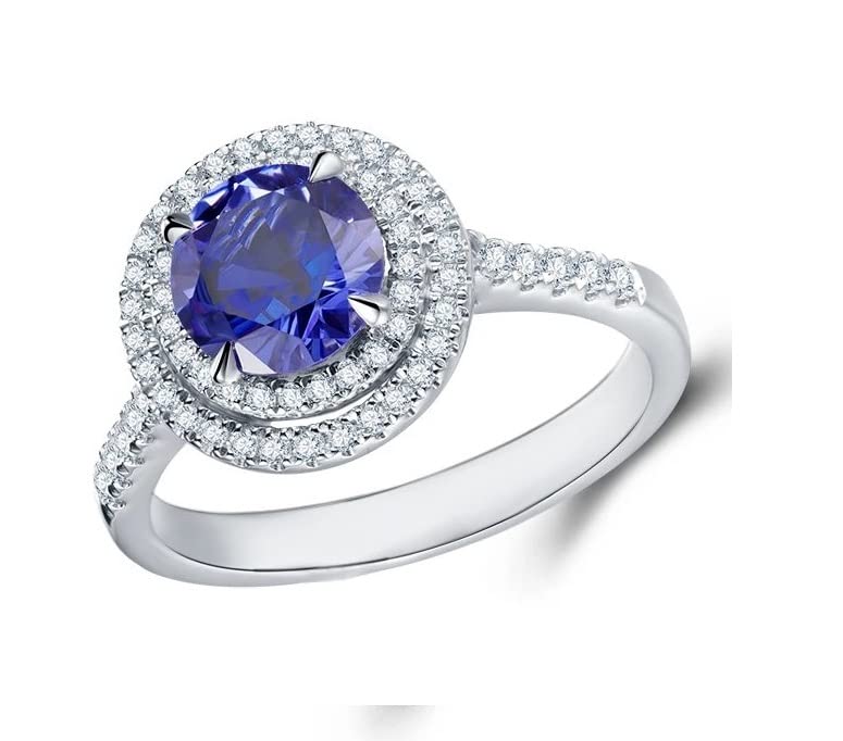 Intershine 925 Sterling Silver 14K White Gold Finish Prong Set 0.75 cts Round Cut Created blue Sapphire Gemstone Halo Ring for Women size-7.5